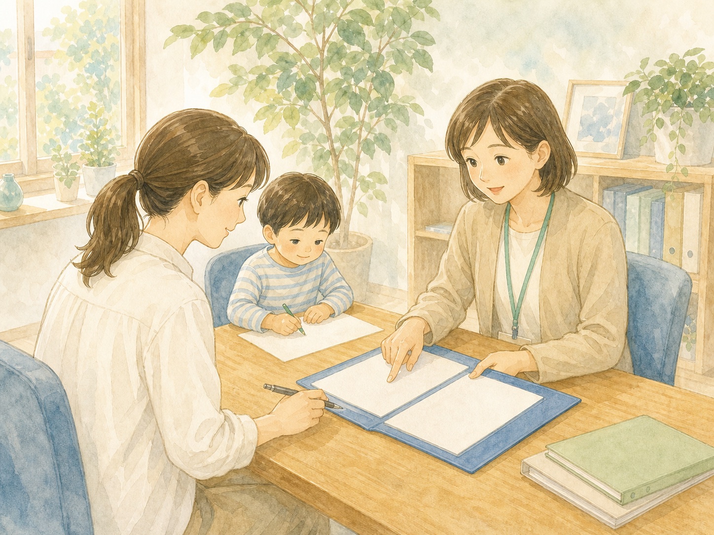 親子が支援員と一緒に申請書類を準備しているイラスト