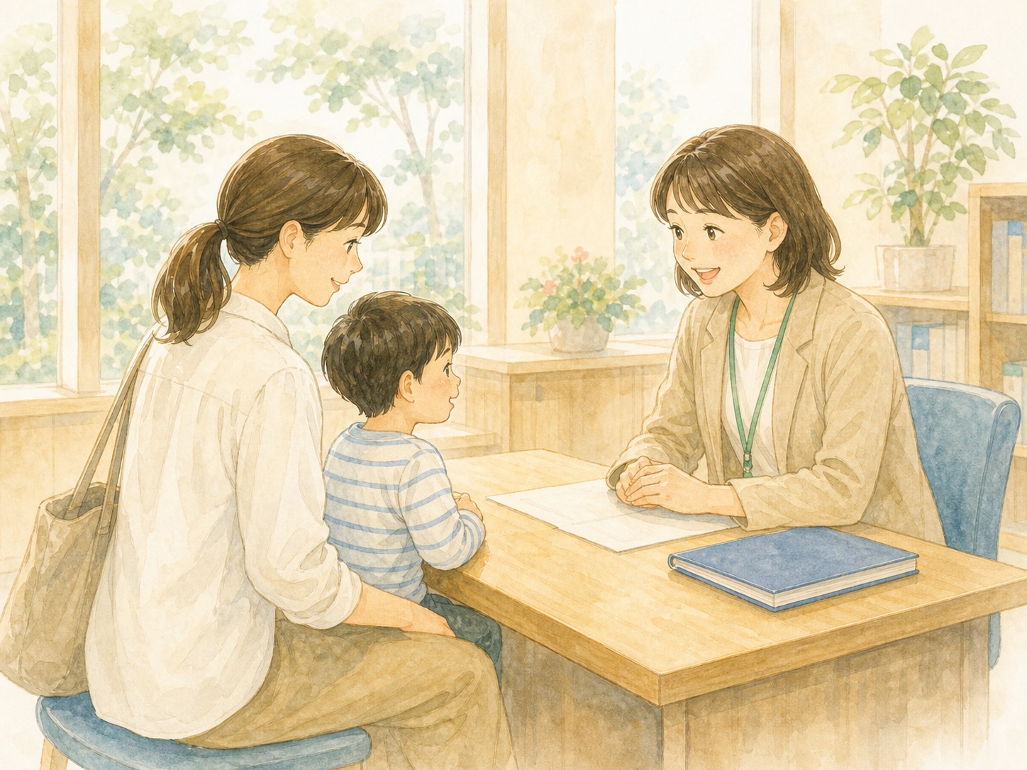 親子が相談員へ発達や生活について相談しているイラスト