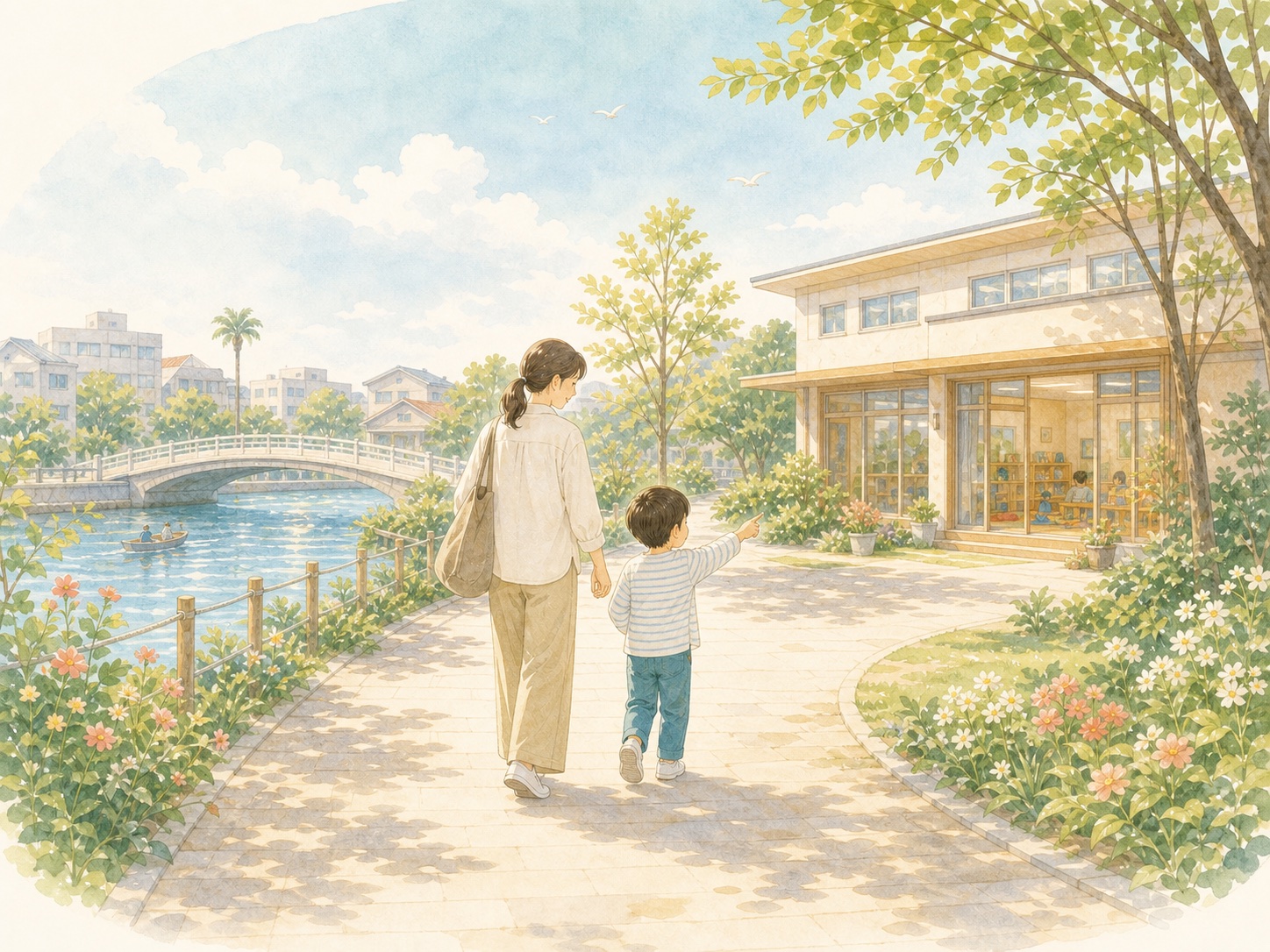 親子が浦安市の水辺を歩きながら事業所を探しているイラスト
