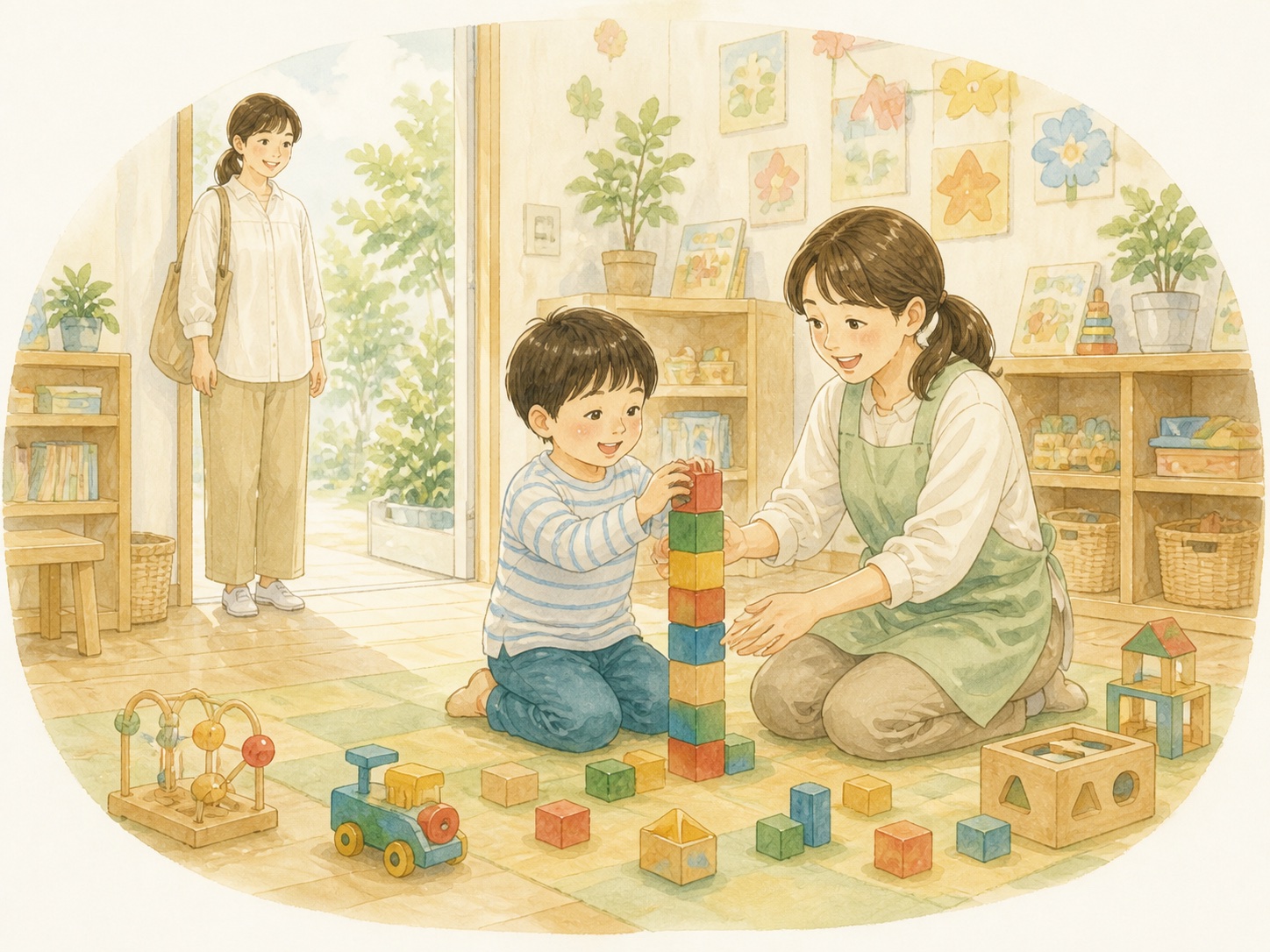 子どもが事業所で支援員と遊びを始め、保護者が見守っているイラスト